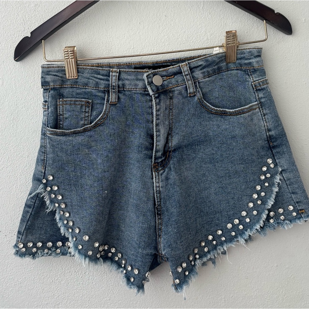 XS Blue Studded Denim Shorts- Rhinestone Cutoff High Waist/ Festival